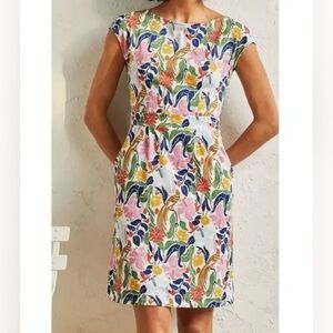 Boden Floral Cotton Jersey Dress In Ivory Tropical Bird Novelty Pattern Size 12